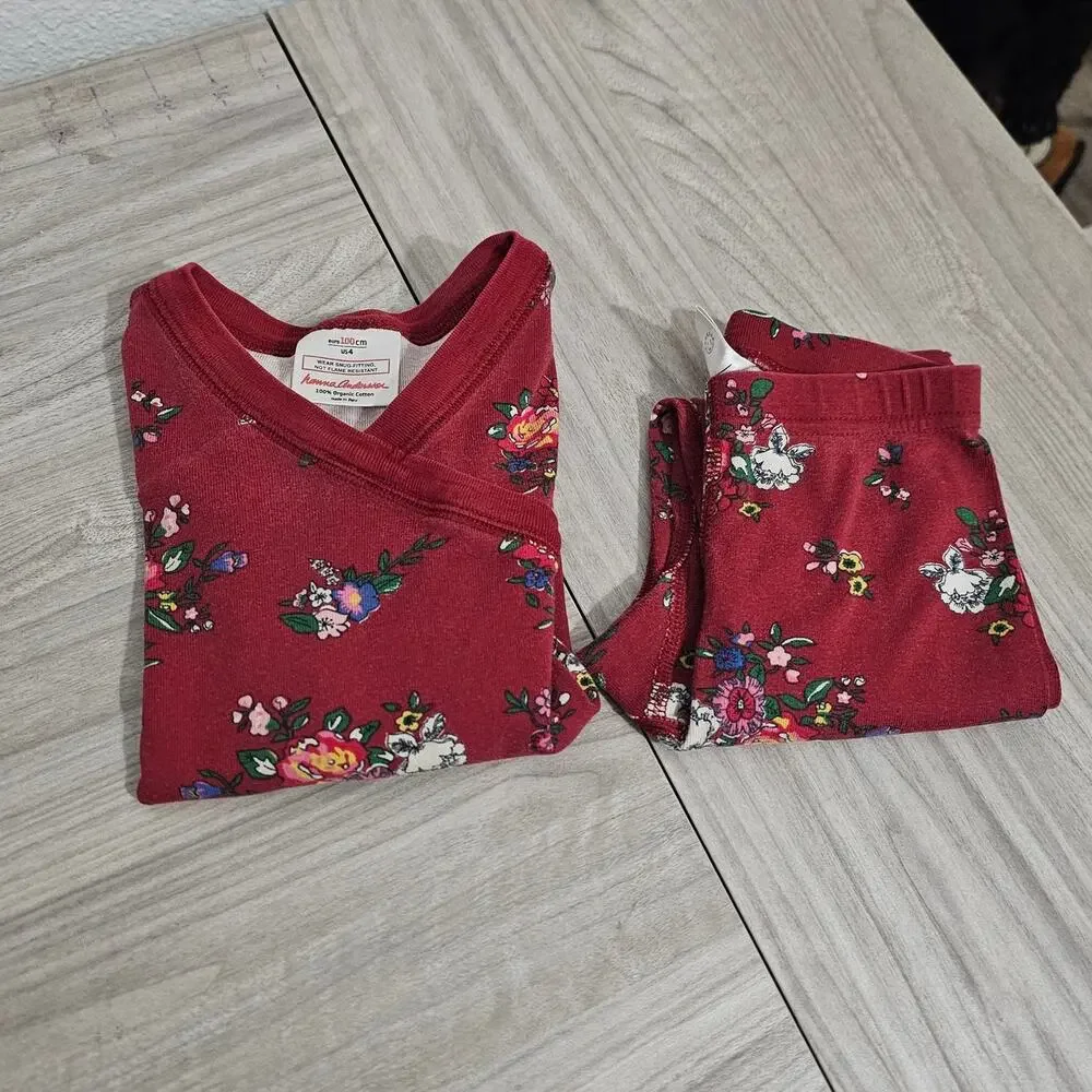 Hanna Andersson Pajama Set Red Floral Bouquets Flowers Long Sleeve Girls
